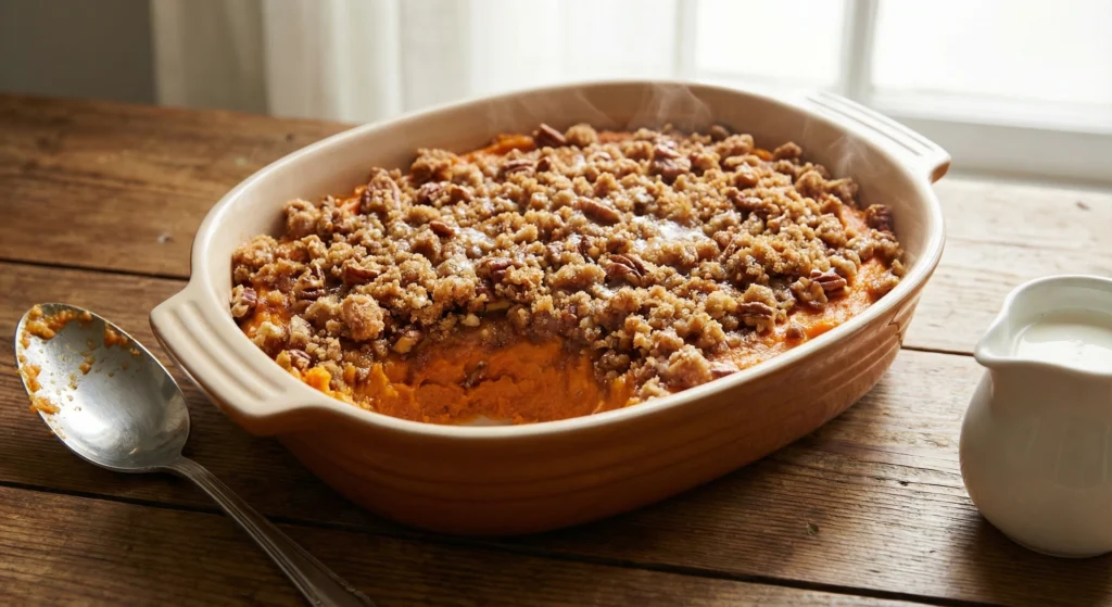 Classic Creamy Sweet Potato Casserole with Crunchy Pecan Topping